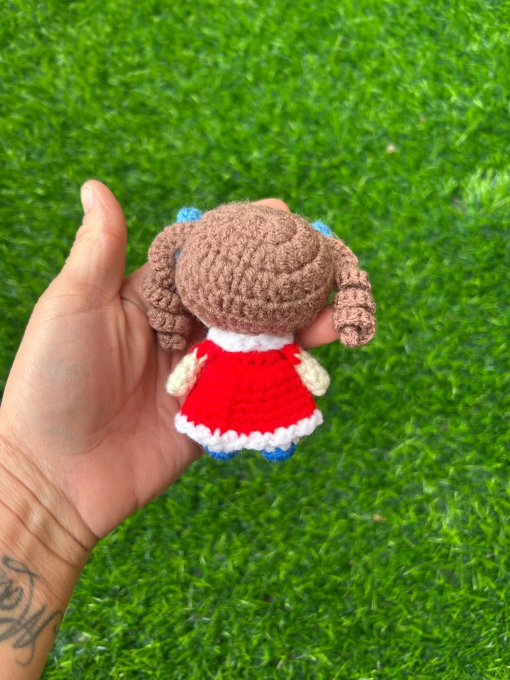 Handmade Crochet Doll Plush Toy - Red Dress, Blue Accents